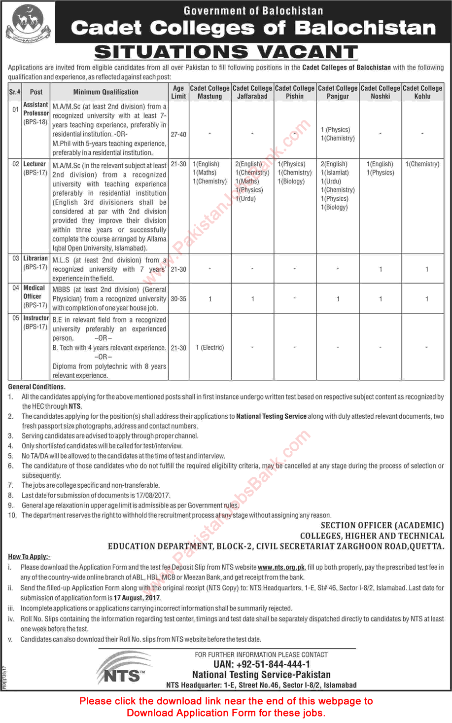 Cadet Colleges of Balochistan Jobs 2017 August NTS Application Form Teaching Faculty & Others Latest