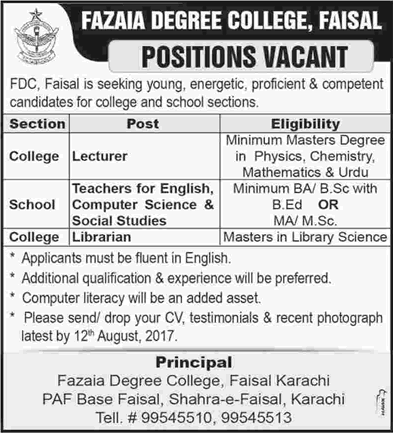 Fazaia Degree College Faisal Karachi Jobs August 2017 Lecturers, Teachers & Librarian Latest