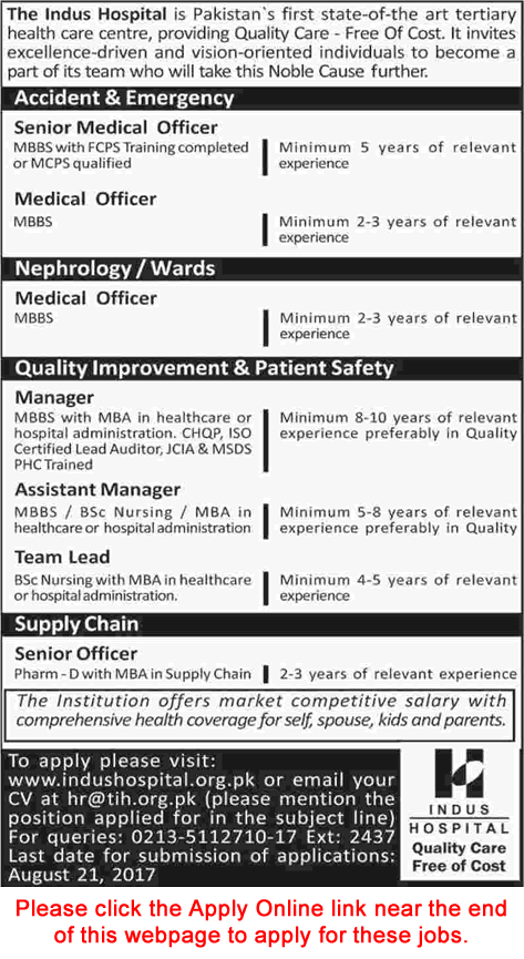 Indus Hospital Karachi Jobs August 2017 Apply Online Medical Officers, Managers & Others Latest