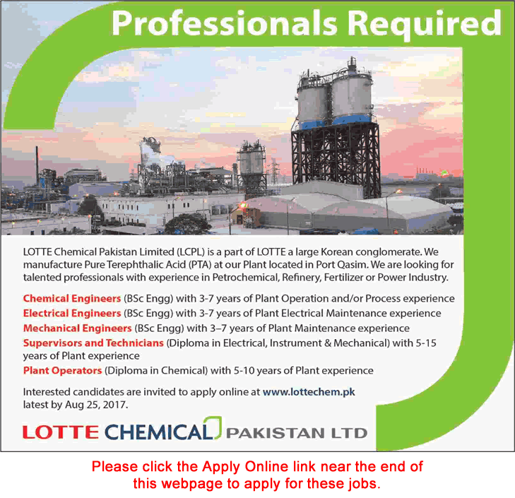 Lotte Chemical Pakistan Jobs 2017 August Karachi Engineers, Supervisors, Technicians & Plant Operators Latest