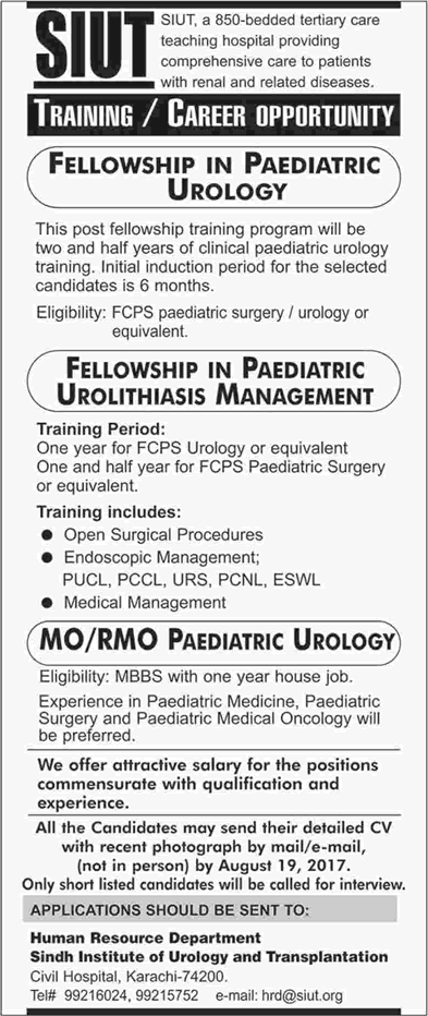 SIUT Karachi Jobs August 2017 Medical Officers & Fellowship Training Program Latest