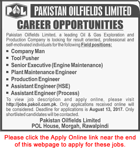 Pakistan Oilfields Limited Jobs August 2017 POL Apply Online Executives, Engineers & Others Latest