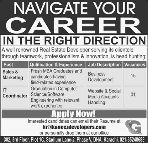 Kaneez Developers Pvt Ltd Karachi Jobs 2017 August Sales & Marketing Officers & IT Coordinator Latest