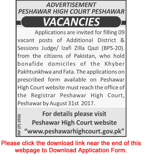 Additional District and Session Judge Jobs in Peshawar High Court August 2017 Application Form Izafi Zilla Qazi Latest