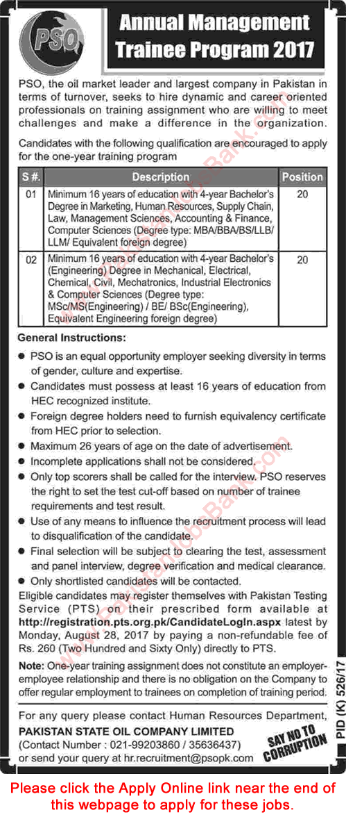 PSO Management Trainee Program 2017 August MTO Jobs PTS Online Application Form Latest