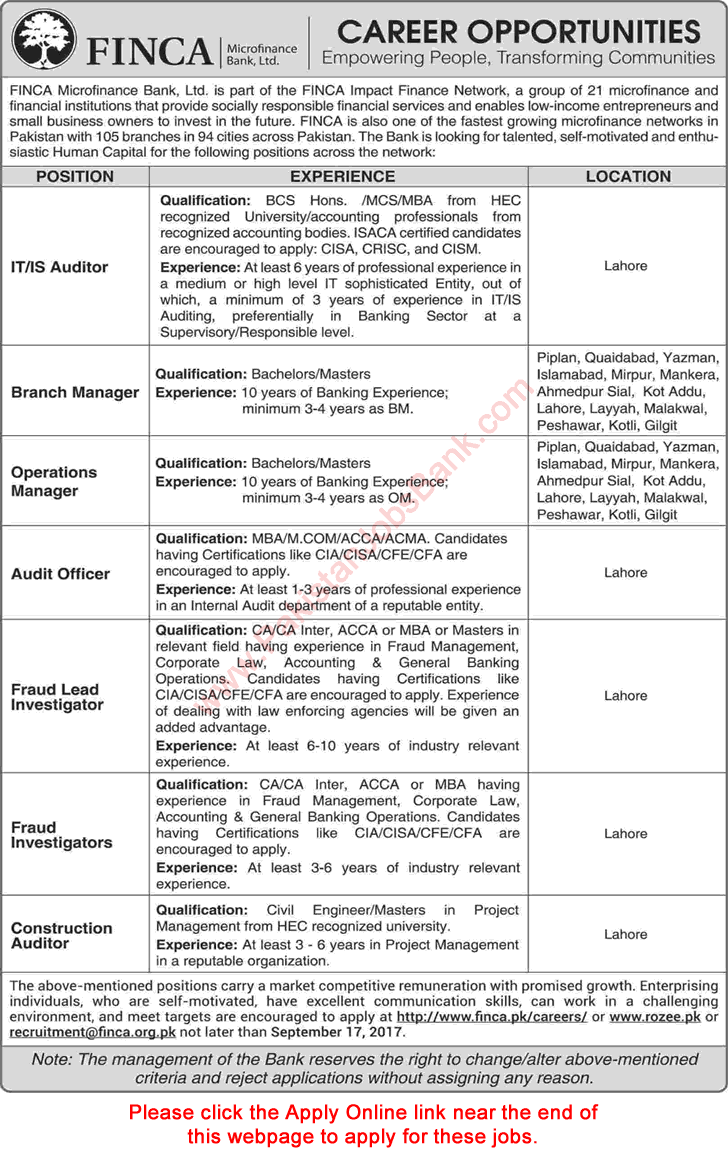 FINCA Microfinance Bank Pakistan Jobs August 2017 Apply Online Branch / Operation Managers & Others Latest