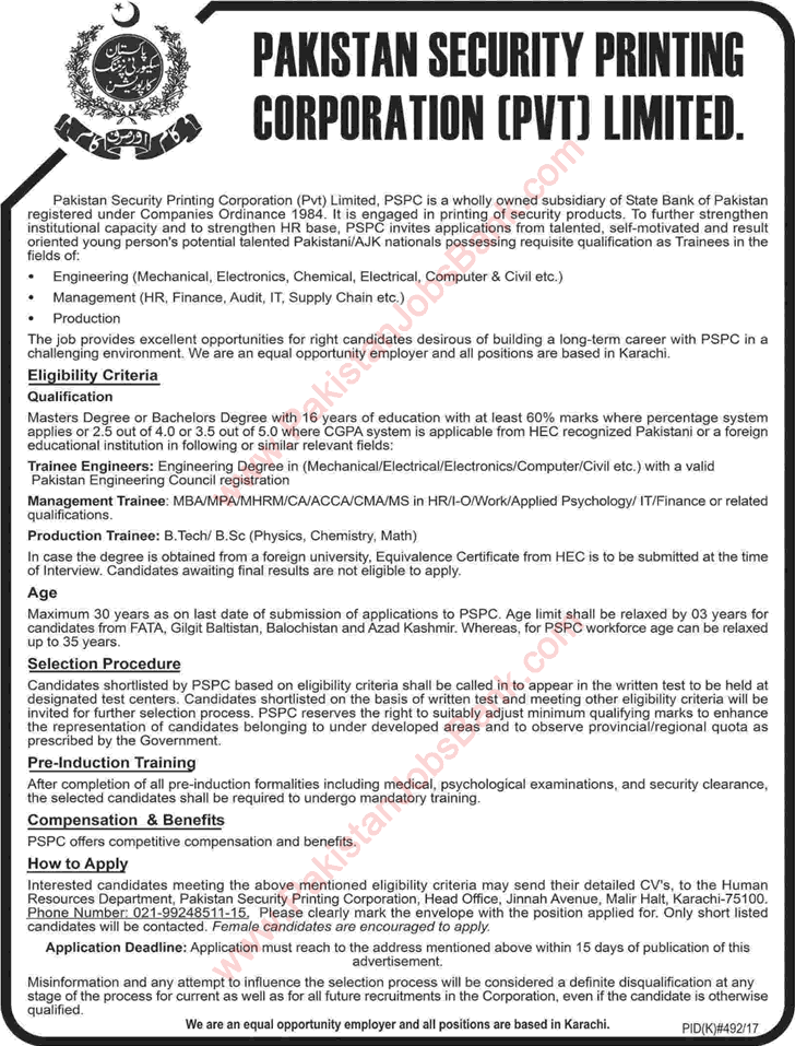 Pakistan Security Printing Corporation Jobs 2017 August Management / Production Trainees & Engineers Latest