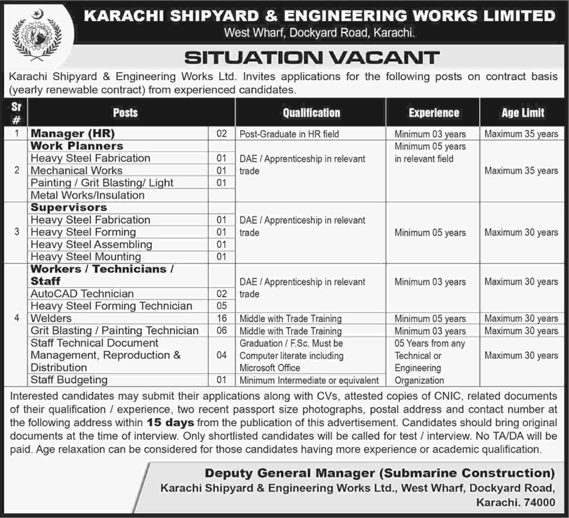 Karachi Shipyard and Engineering Works Jobs August 2017 Welders, Technicians & Others Latest