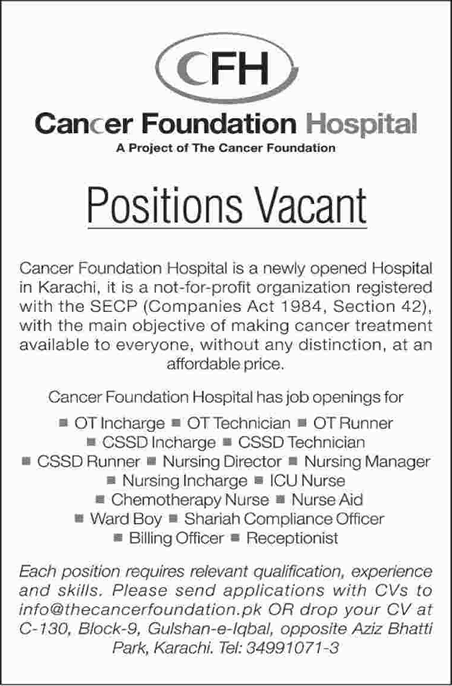 Cancer Foundation Hospital Karachi Jobs 2017 August Nurses, Ward Boy, Receptionist & Others Latest