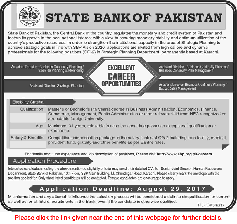 Assistant Director Jobs in State Bank of Pakistan August 2017 Karachi SBP Latest