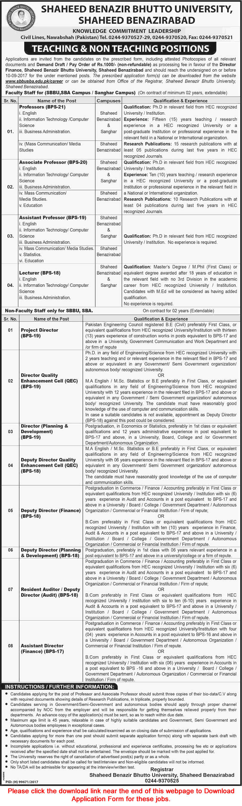 Shaheed Benazir Bhutto University Shaheed Benazirabad Jobs August 2017 Application Form Teaching Faculty & Others Latest