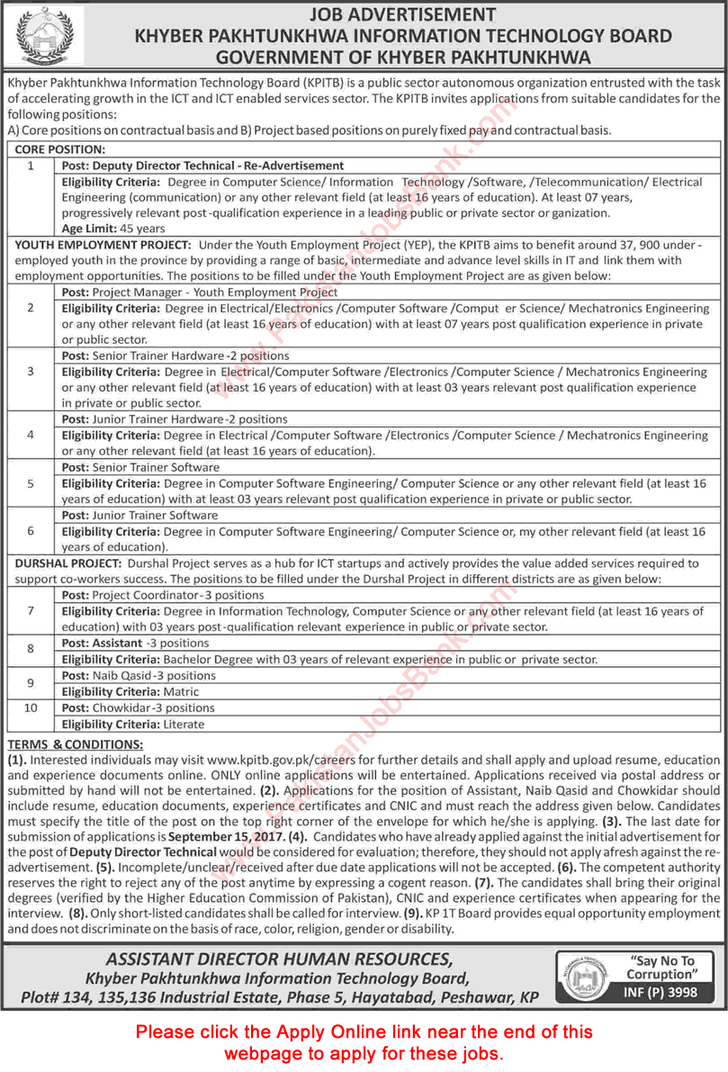 KPK IT Board Jobs August 2017 Apply Online Assistant, Project Coordinators, Naib Qasid & Others Latest