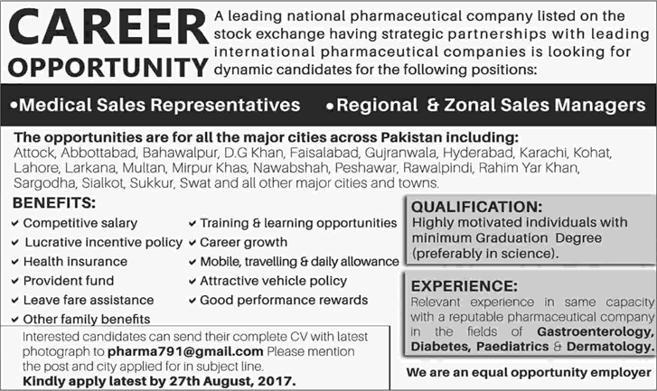 Pharmaceutical Jobs in Pakistan August 2017 Medical Sales Representatives & Sales Managers Latest