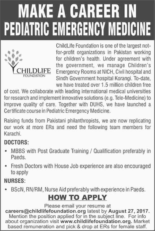 Child Life Foundation Karachi Jobs August 2017 Doctors & Nurses Latest