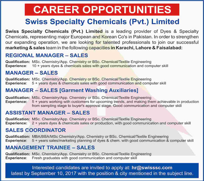 Swiss Specialty Chemicals Pvt Ltd Pakistan Jobs 2017 August Management Trainees & Others Latest