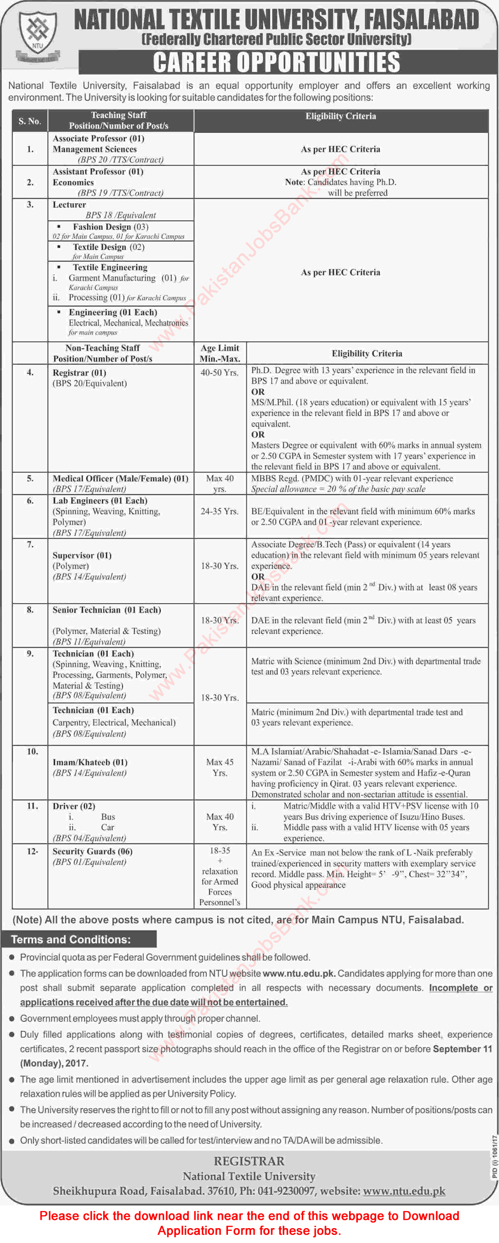 National Textile University Faisalabad Jobs August 2017 NTU Application Form Teaching Faculty & Others Latest
