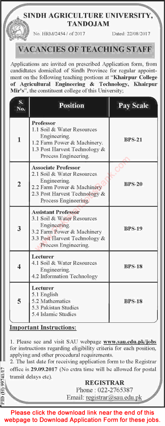 Khairpur College of Agricultural Engineering and Technology Jobs 2017 August Application Form Teaching Faculty Latest