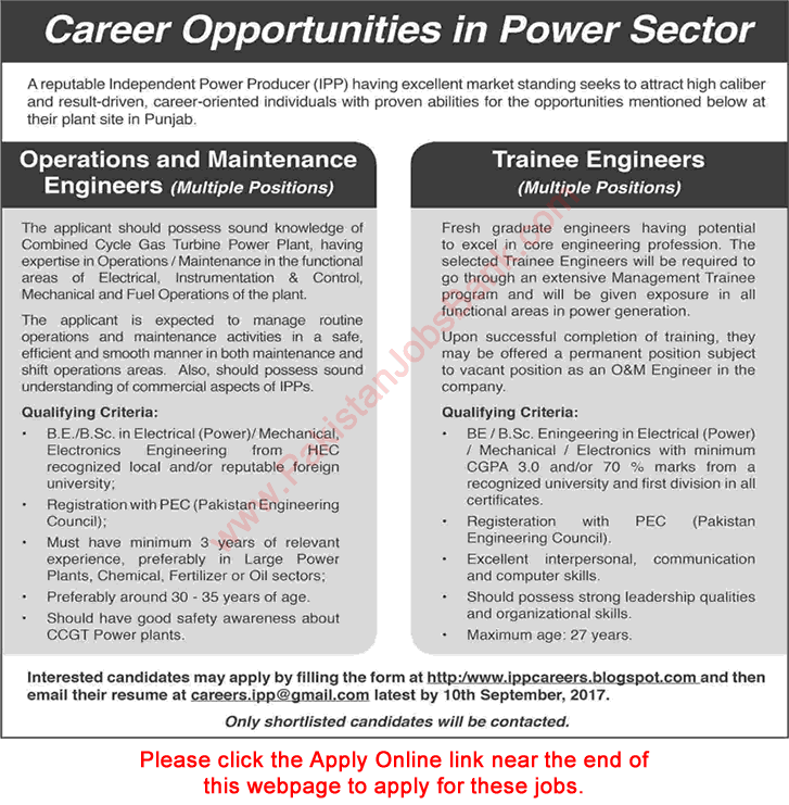 Power / Energy Sector Jobs in Pakistan August 2017 September Apply Online Trainee Engineers, Operations & Maintenance Engineers Latest