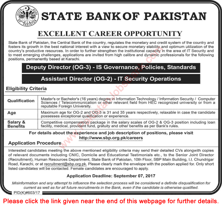 Deputy / Assistant Director Jobs in State Bank of Pakistan August 2017 September SBP Latest