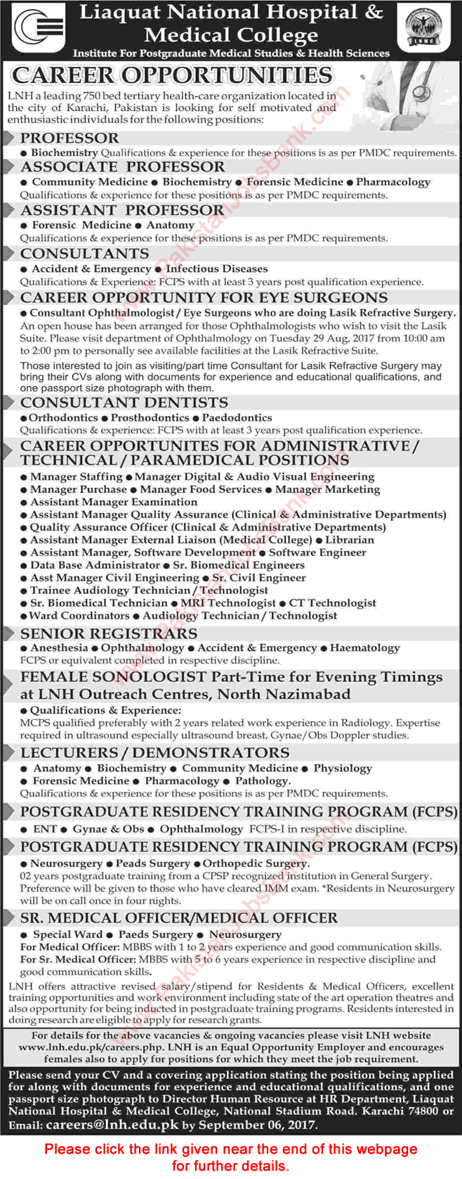 Liaquat National Hospital Karachi Jobs August 2017 September LNH&MC Teaching Faculty & Others Latest