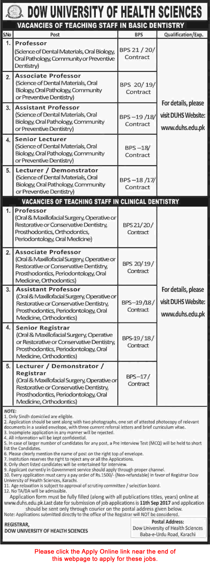 Dow University of Health Sciences Karachi Jobs August 2017 September Apply Online Teaching Faculty Latest