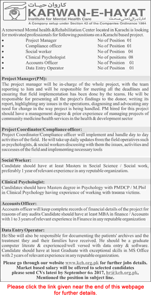 Karwan-e-Hayat Institute for Medical Healthcare Karachi Jobs 2017 August / September Clinical Psychologists & Others Latest