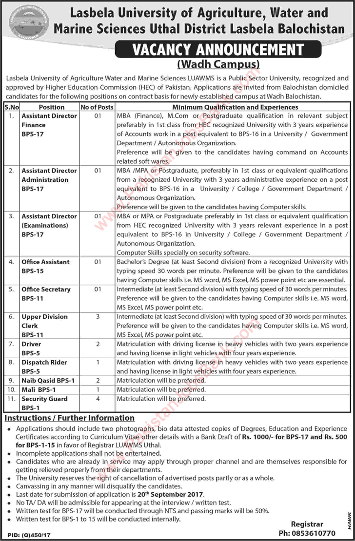 LUAWMS Uthal Jobs August 2017 September Wadh Campus Clerks, Security Guards & Others Latest