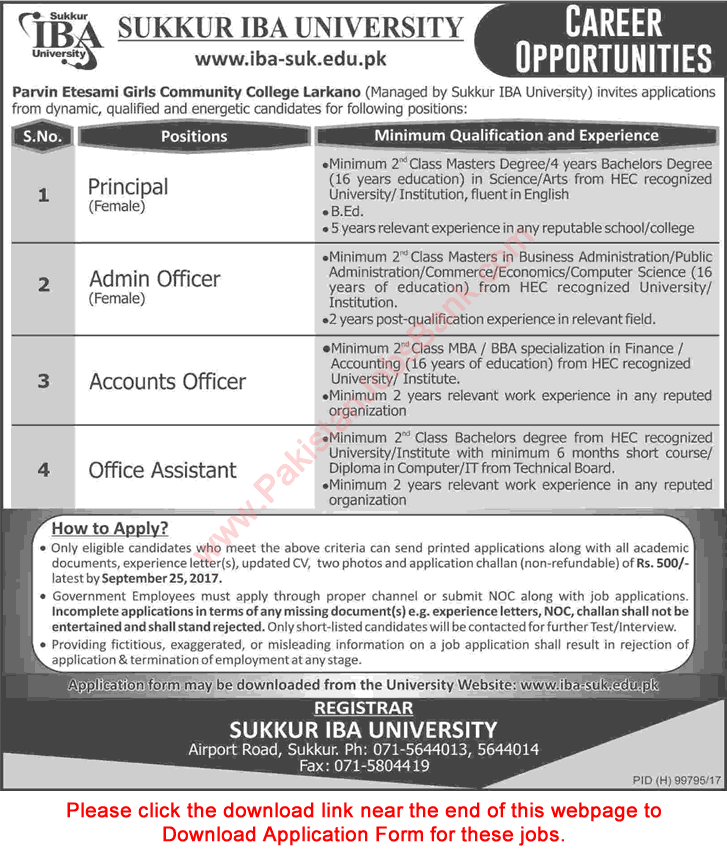 IBA Sukkur Jobs September 2017 Application Form at Parvin Etesami Girls Community College Larkana Latest