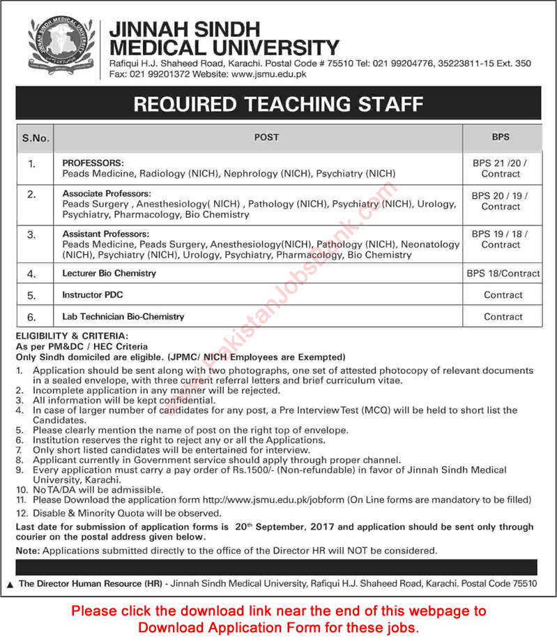 Jinnah Sindh Medical University Karachi Jobs September 2017 Application Form Teaching Faculty & Others Latest