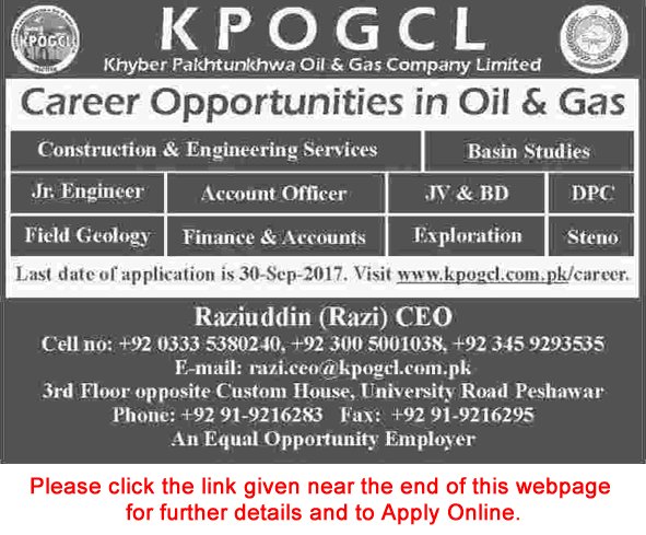 KPOGCL Jobs September 2017 Apply Online Khyber Pakhtunkhwa Oil and Gas Company Limited Latest
