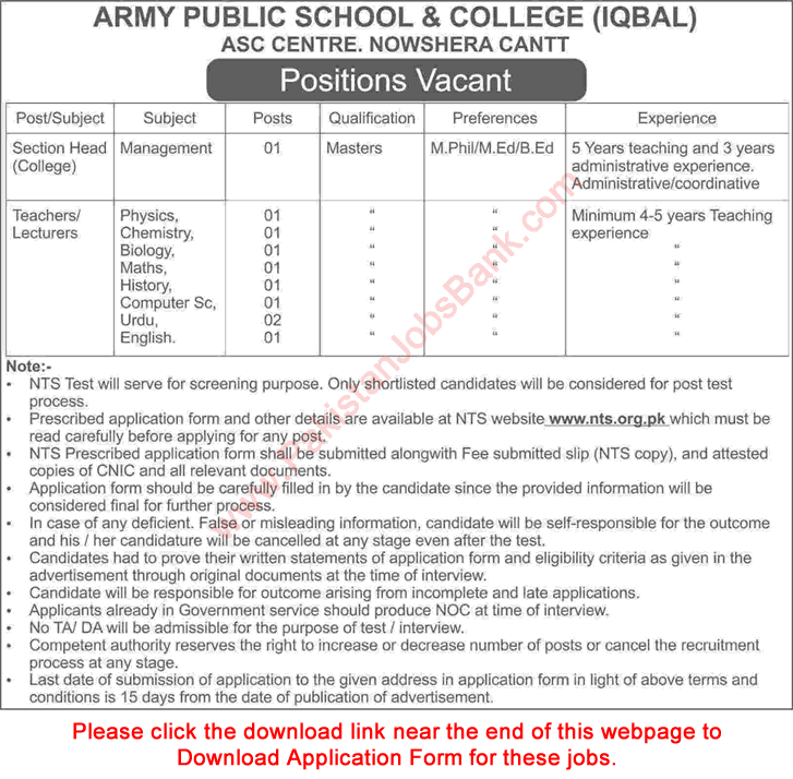 Army Public School and College Nowshera Jobs September 2017 NTS Application Form APS&C Latest