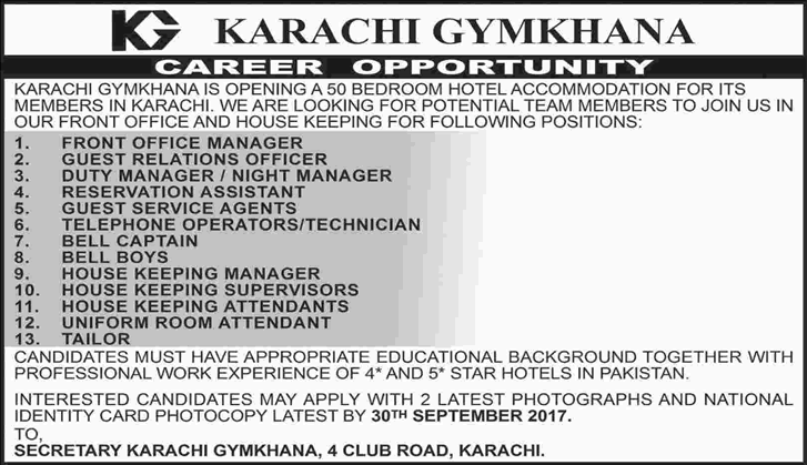Karachi Gymkhana Jobs 2017 September Housekeeping Supervisors, GRO, Bell Boys & Others Latest