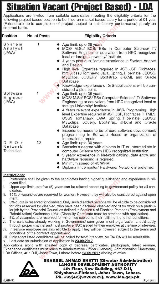 Lahore Development Authority Jobs September 2017 DEO / Network Technicians & Others LDA Latest