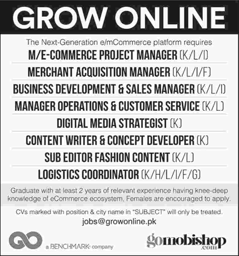 Grow Online Pvt Ltd Pakistan Jobs 2017 September Logistics Coordinators, Sales Managers & Others Latest