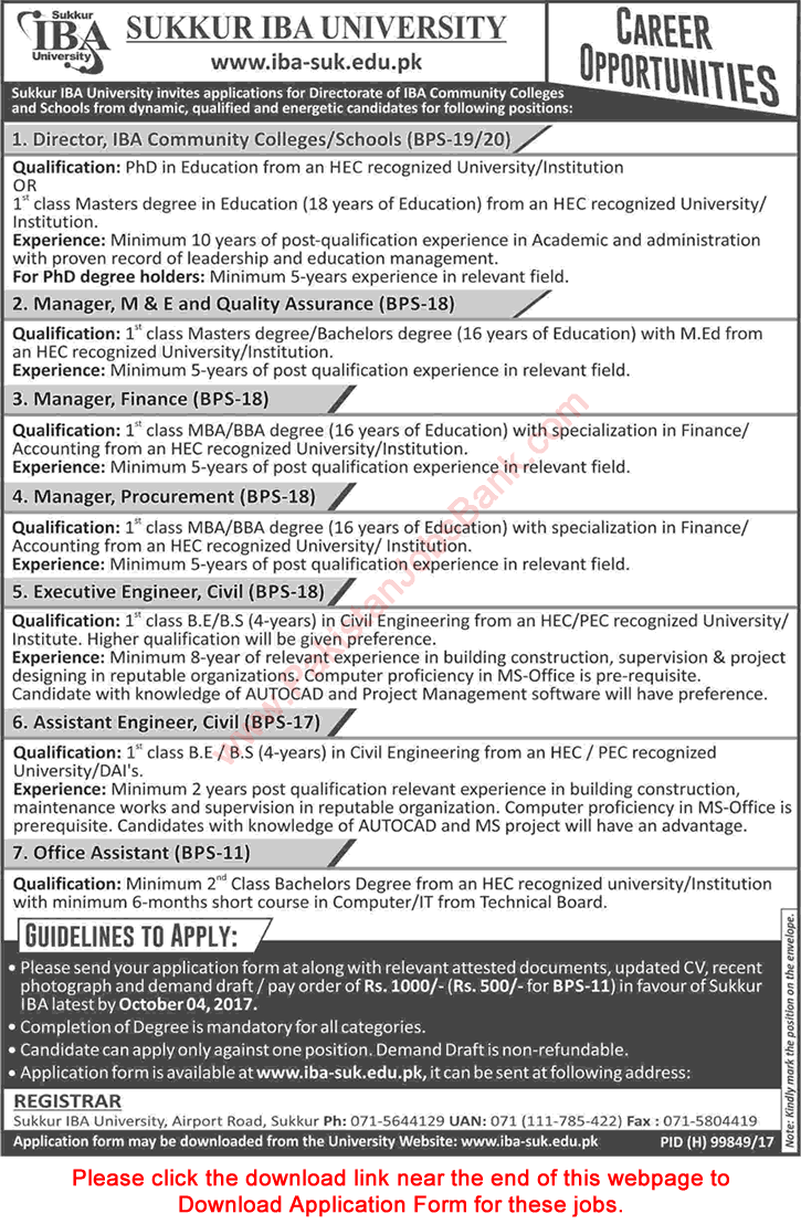 Sukkur IBA University Jobs September 2017 Application Form Civil Engineers, Office Assistants & Others Latest