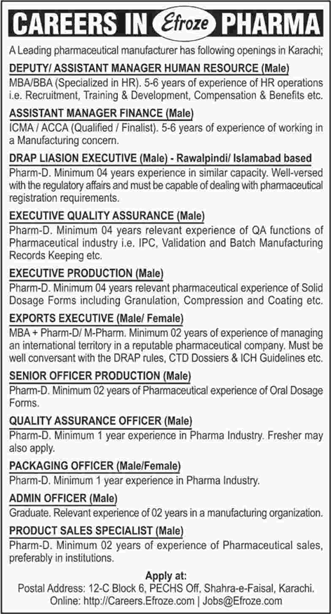 Efroze Pharmaceuticals Karachi Jobs 2017 September Admin / QA Officers, Exports Executives & Others Latest