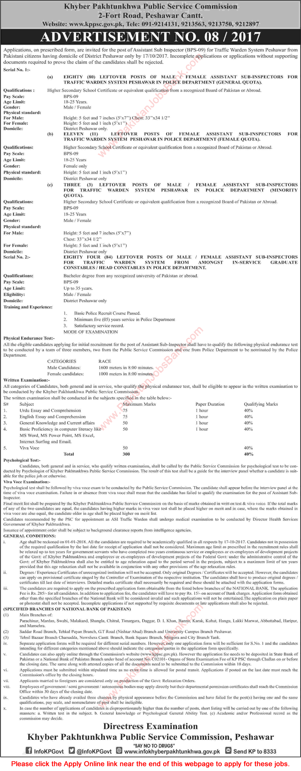 ASI Jobs in Police Department Peshawar September 2017 KPPSC Apply Online Assistant Sub Inspectors Latest