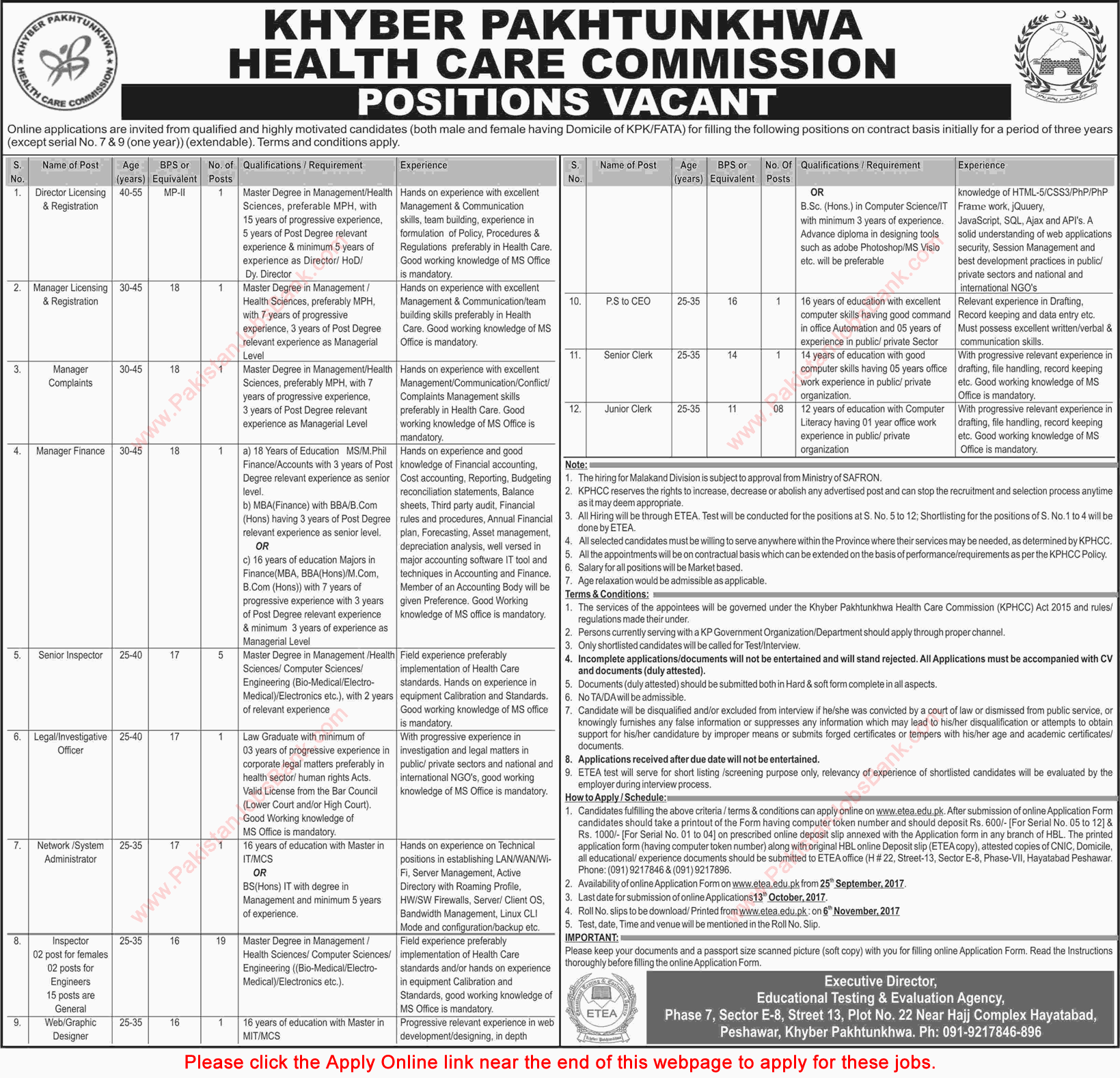 Khyber Pakhtunkhwa Healthcare Commission Jobs 2017 September Apply Online Inspectors, Clerks & Others Latest