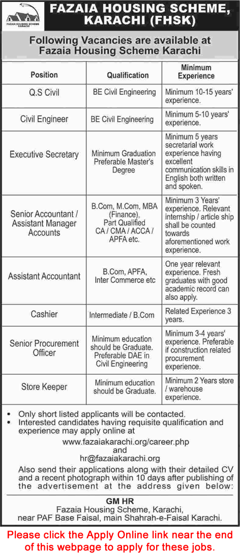 Fazaia Housing Scheme Karachi Jobs September 2017 Apply Online Cashier, Store Keeper & Others Latest