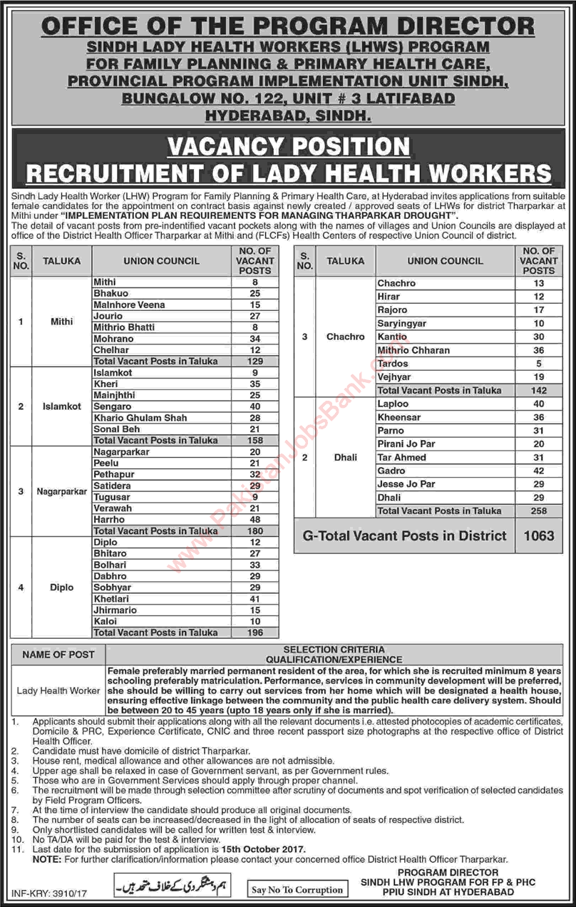 Lady Health Worker Jobs in Health Department Sindh 2017 September LHWS Program Latest