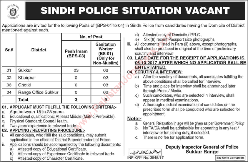 Sindh Police Jobs September 2017 Sanitation Workers & Pesh Imam Sukkur Range Latest