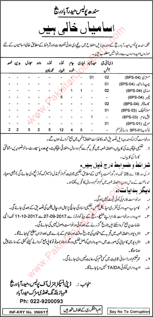 Sindh Police Jobs September 2017 Hyderabad Range Khakroob, Plumber, Darzi & Others Latest