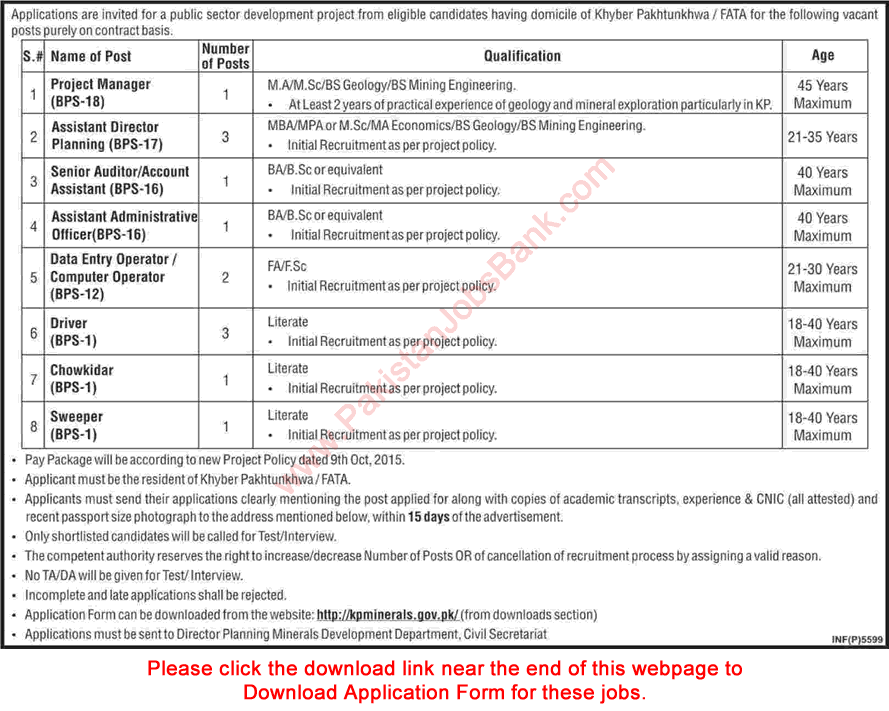 Minerals Development Department KPK Jobs September 2017 Application Form Download Latest