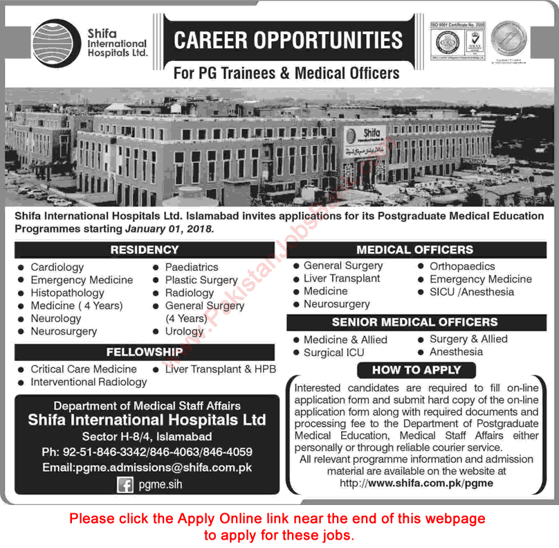 Shifa International Hospital Islamabad Jobs October 2017 Apply Online PG Trainees & Medical Officers Latest