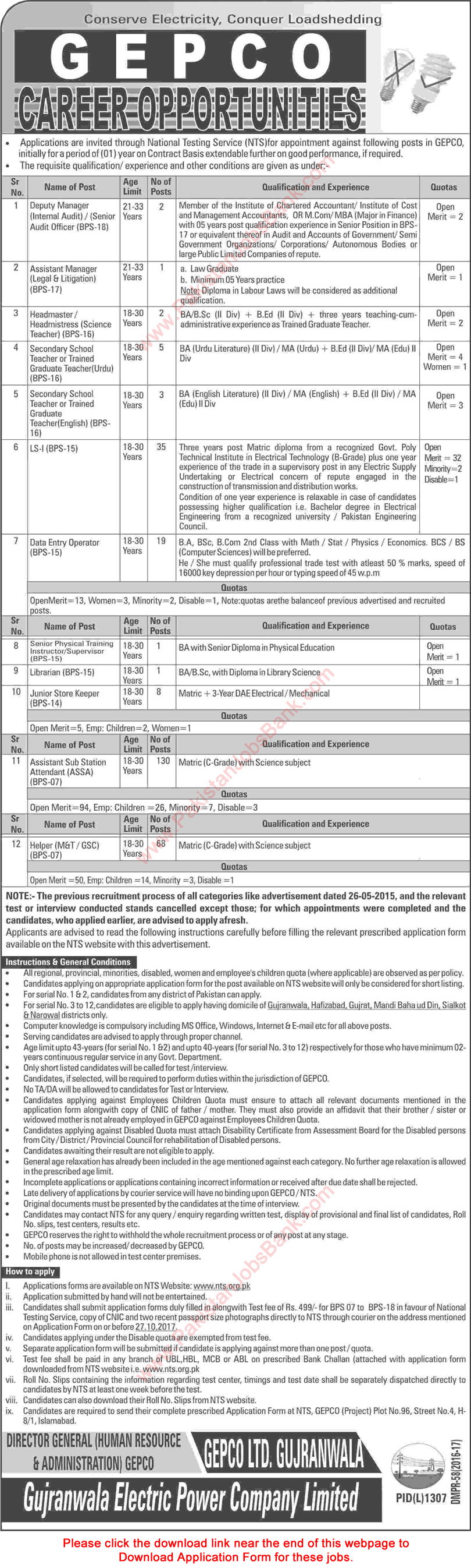 GEPCO Jobs October 2017 WAPDA NTS Application Form Assistant Sub Station Attendants, Helpers & Others Latest