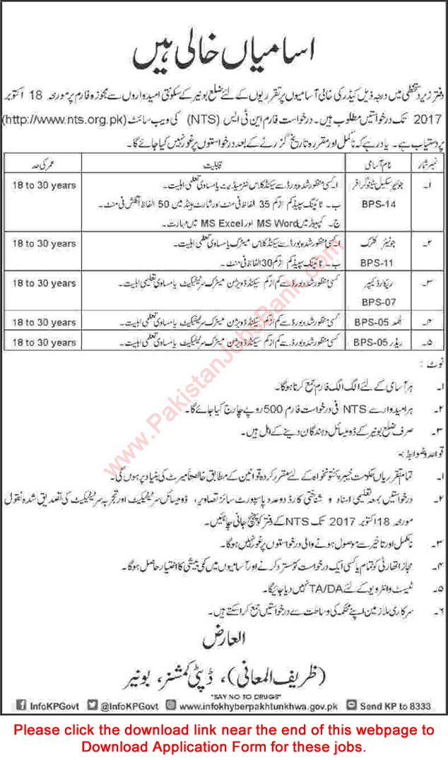 Deputy Commissioner Office Buner Jobs 2017 October KPK NTS Application Form Download Latest