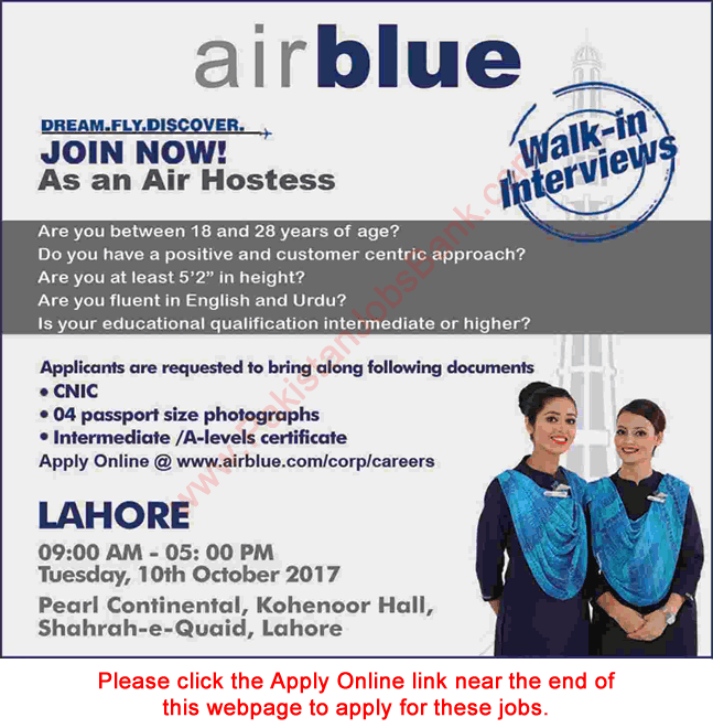 Airhostess Jobs in Air Blue October 2017 Walk in Interview Latest Advertisement