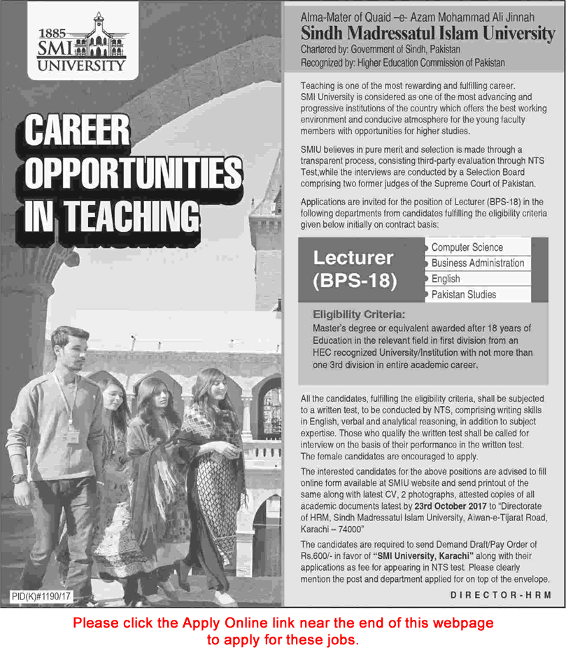 Lecturer Jobs in SMI University Karachi October 2017 Apply Online Sindh Madressatul Islam University Latest