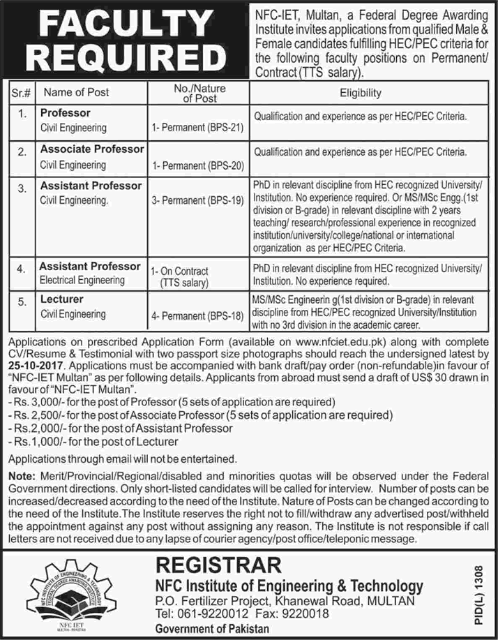 NFC IET Multan Jobs October 2017 Teaching Faculty National Fertilizer Corporation of Pakistan Latest