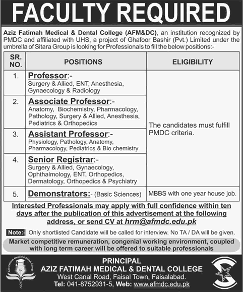 Aziz Fatimah Medical and Dental College Faisalabad Jobs October 2017 Teaching Faculty Latest